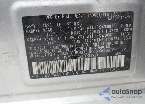 2012 Subaru Outback 2.5I Premium z USA, uszkodzony, nr VIN 4S4BRCCC8C3231264